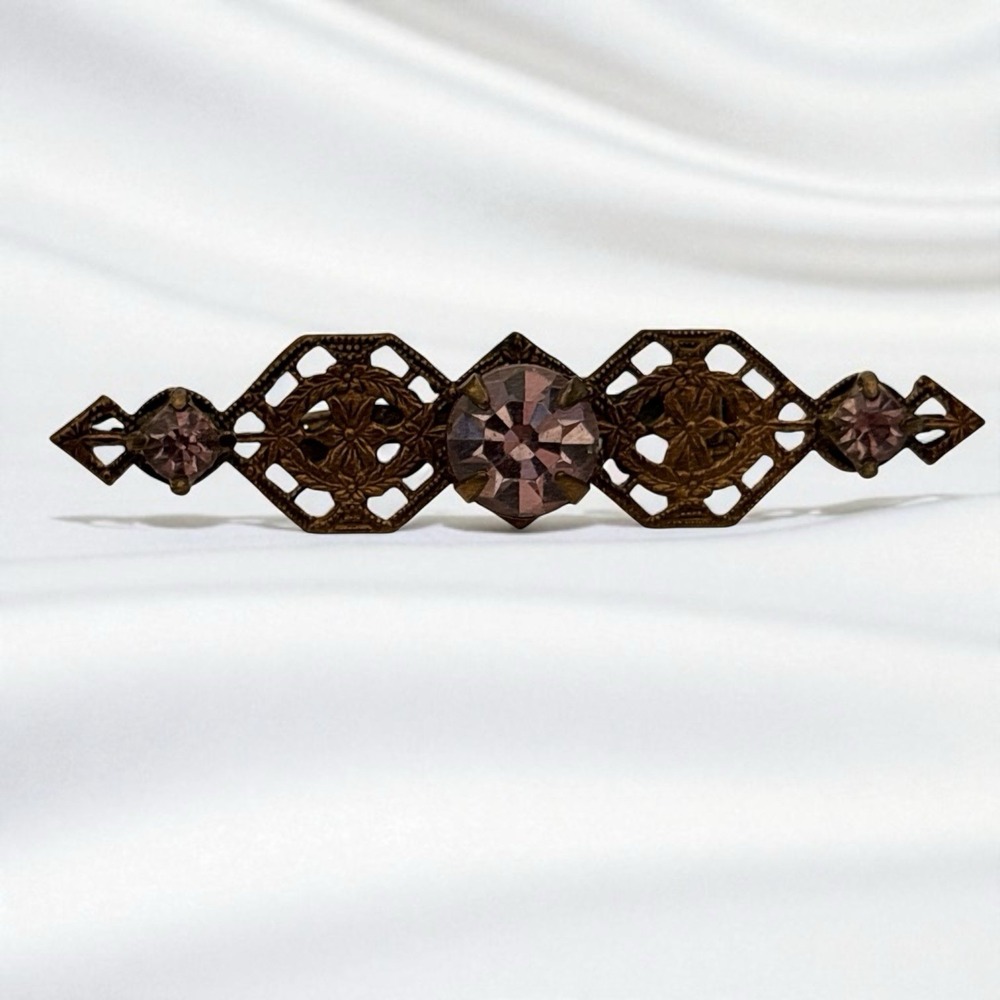 Vintage Brooch Pin Gold Tone Filigree Purple Rhinestones Victorian Dainty 2"